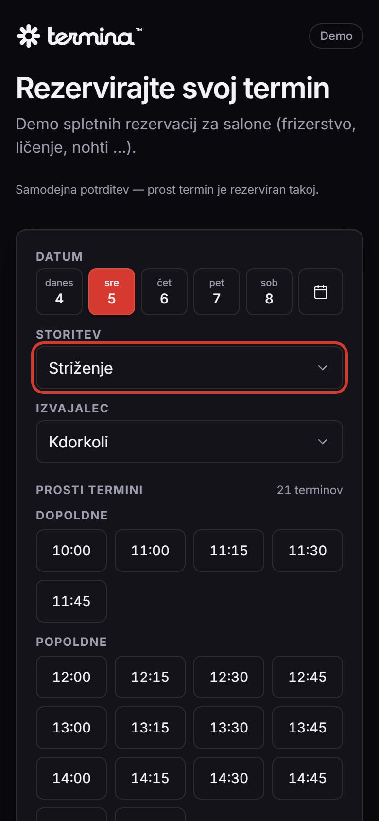 Javna rezervacijska stran z izbiro datuma, storitve in prostih terminov